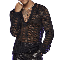 Hearujoy Fishing Net Transparent Shirt For Men V-neck Lace Long Sleeved Tshirts Tops Autumn Fashion Sexy Mesh Hollow Out Shirts Pullover