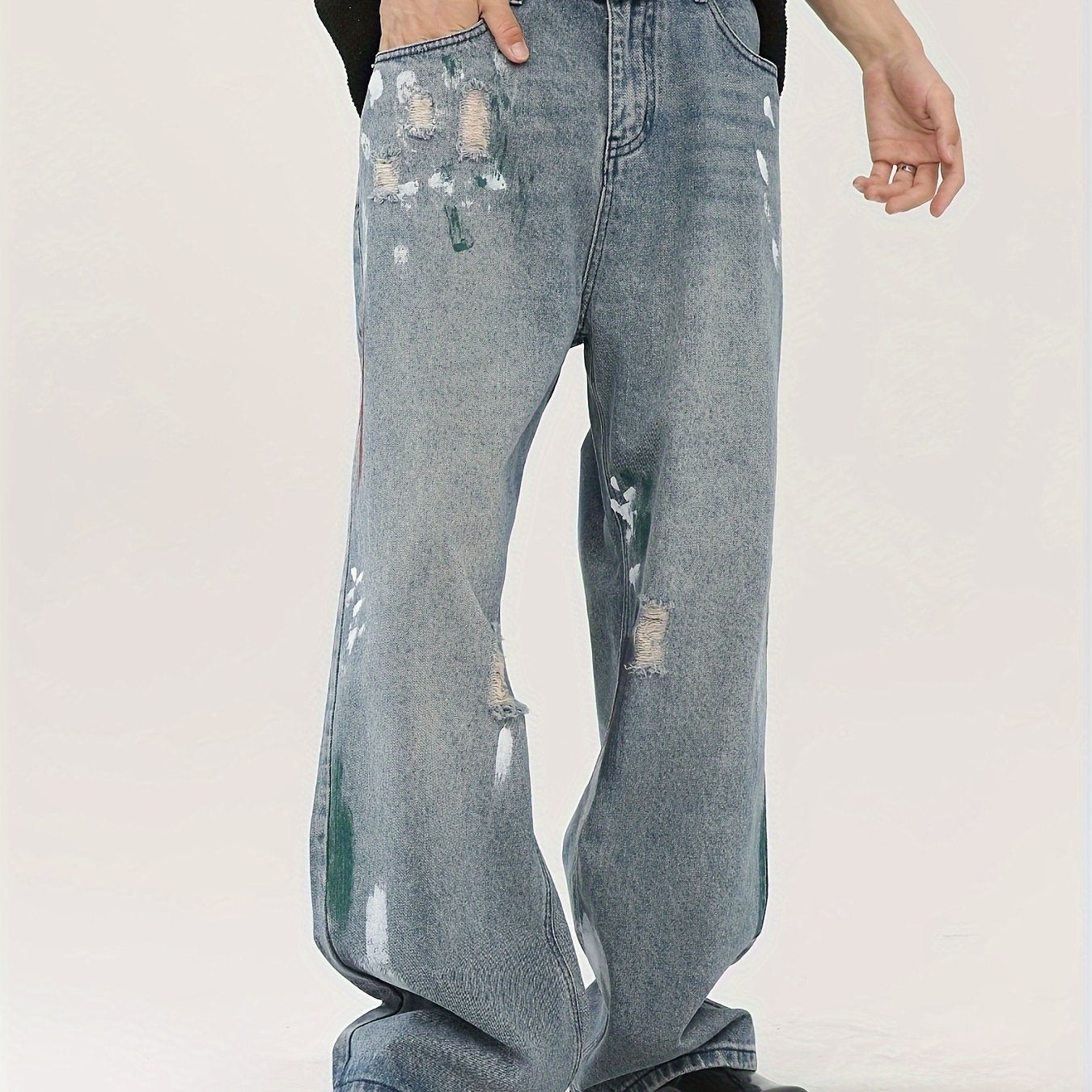 Hearujoy Men's Vintage-Style Straight Leg Jeans with Paint Splatter Design, Loose Fit Distressed Denim for Streetwear and Casual Hip Hop Look