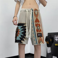 Hearujoy American Vintage Navajo Knit Shorts Summer Mens Ethnic Style Patchwork Pocket Short Trousers Summer Breathable Loose Shorts