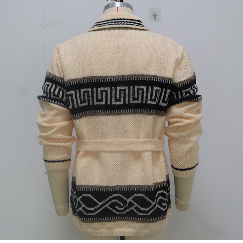 Hearujoy Autumn Winter Men Thicken Jacquard Knitted Cardigan Coat Vintage Turndown Collar With Waistband Thick Needle Sweater Streetwear