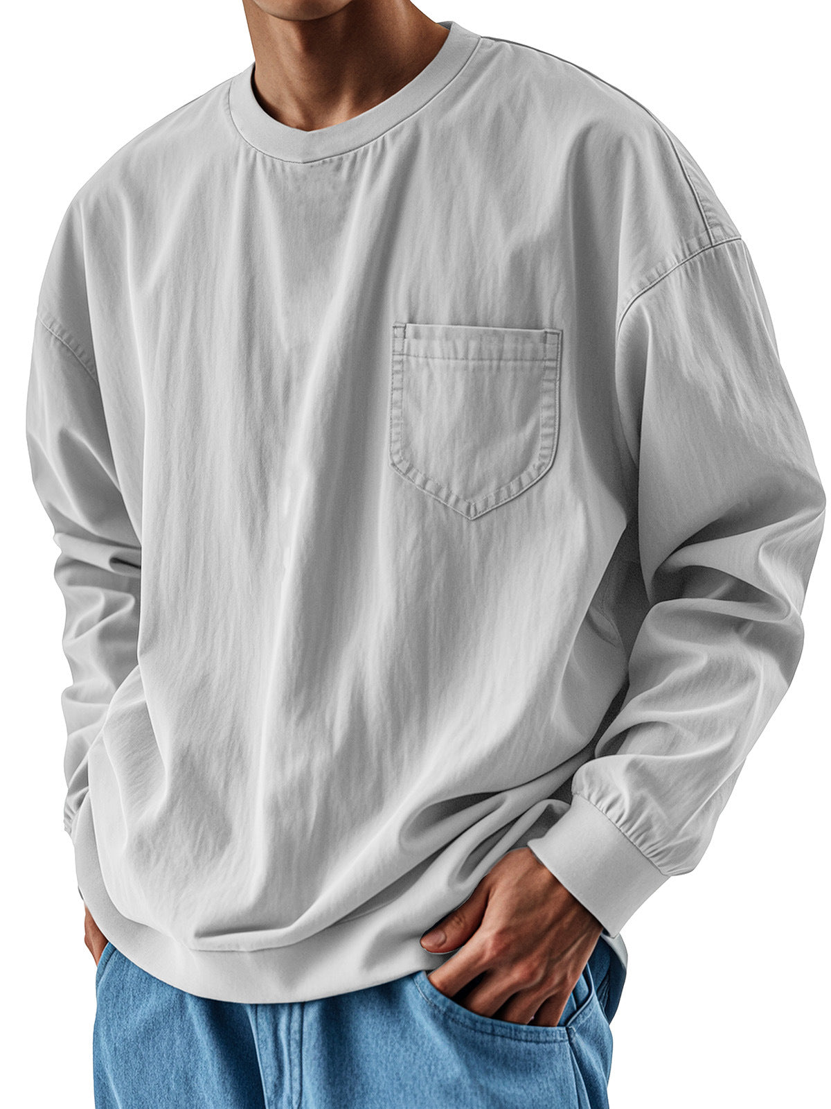 Hearujoy Oversized Loose Long sleeve T-shirt For Men 2025 Spring Fashion Vintage Top Tee Solid Casual Chest Pocket Tshirts streetwear