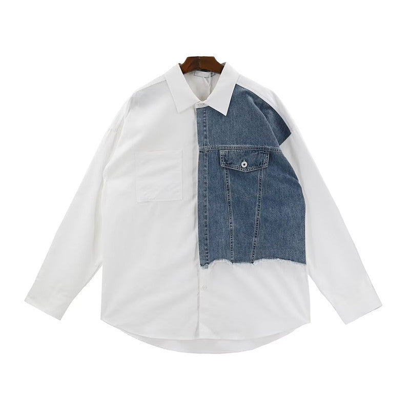 Hearujoy Denim Patchwork White Shirt Men Lapel Long Sleeve Button Loose Tops Spring Autumn Fashion Vintage Shirts Streetwear Male