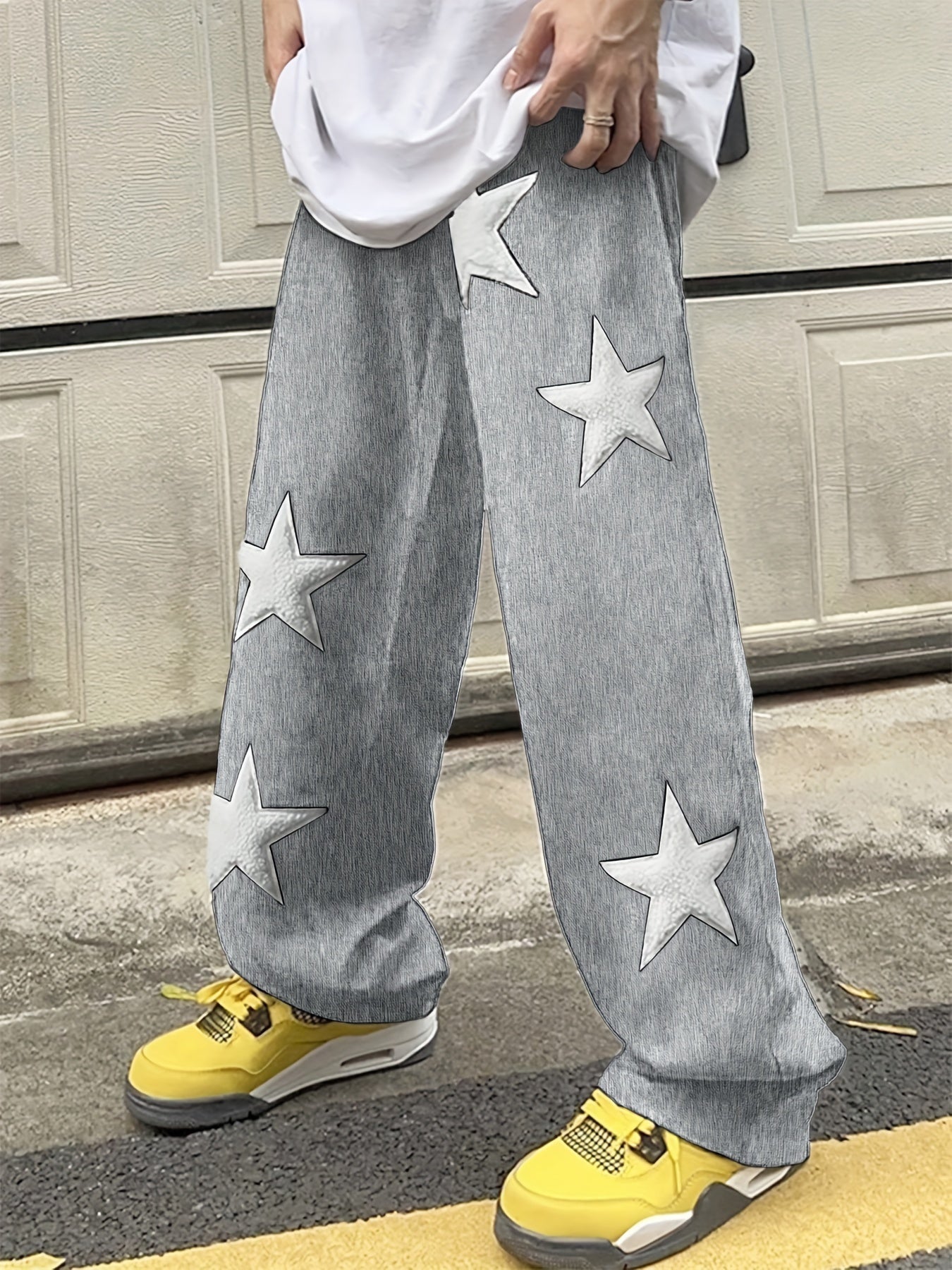 Hearujoy Men's Casual Loose Fit Drawstring Pants With Star Pattern Embroidered Design, Lightweight Comfy Pants For Sport And Casual Wear