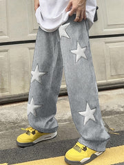 Hearujoy Men's Casual Loose Fit Drawstring Pants With Star Pattern Embroidered Design, Lightweight Comfy Pants For Sport And Casual Wear