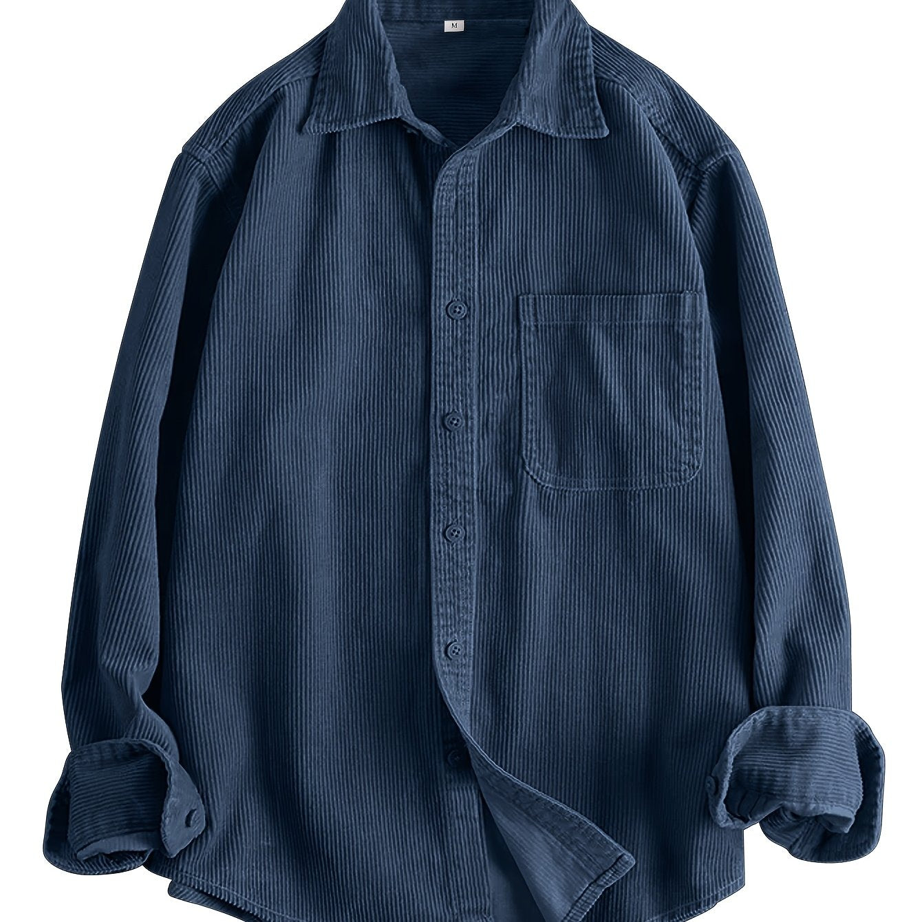 HEARUJOY  -  Men's Casual Corduroy Long Sleeve Shirt - Solid Color, Button Detail, Single Breasted, Loose Fit - Polyester 100%, Non-Stretch Fabric, 270gsm, Acetate Lining, Lapel Collar, Woven Placket, Weeke