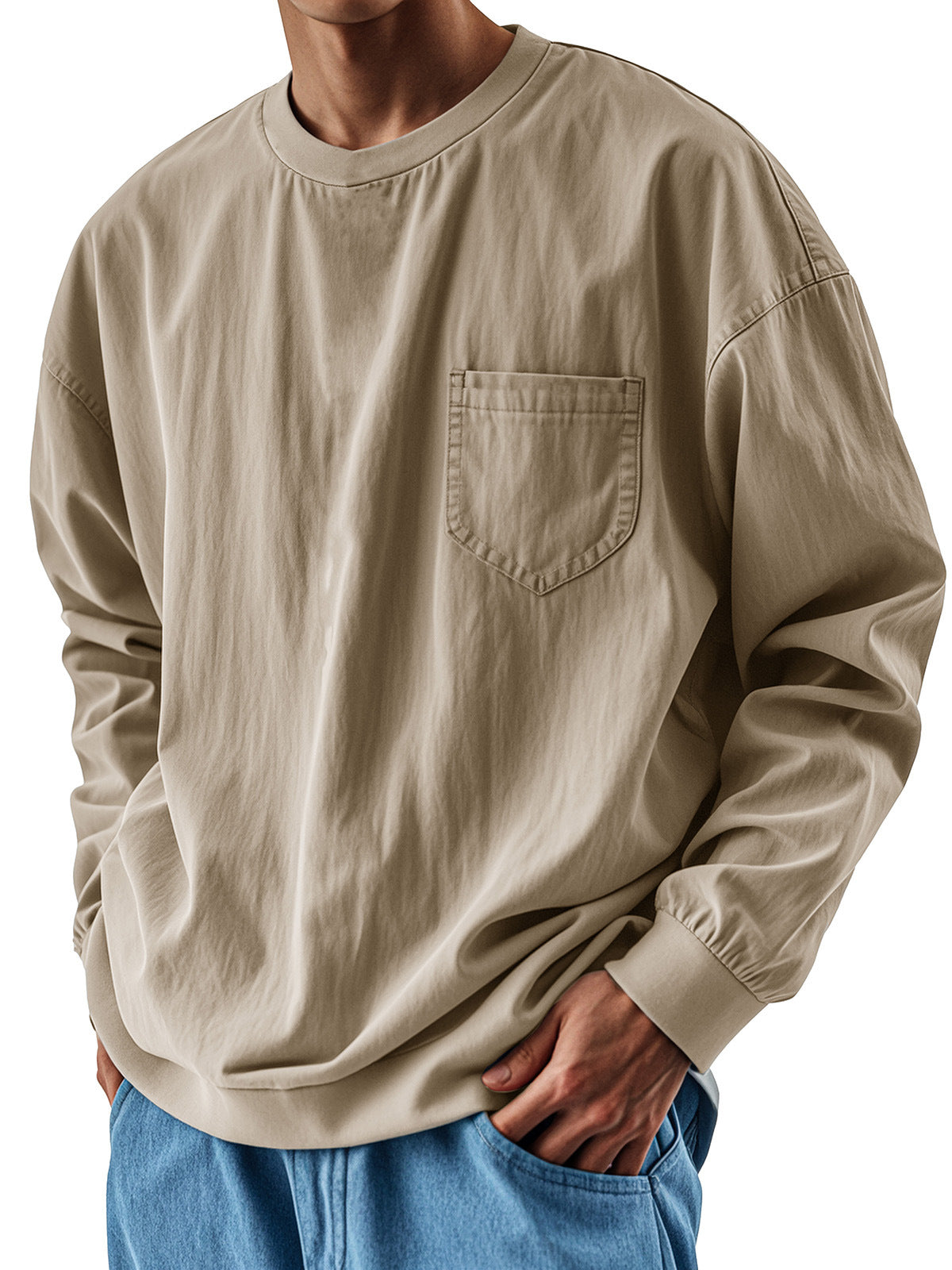 Hearujoy Oversized Loose Long sleeve T-shirt For Men 2025 Spring Fashion Vintage Top Tee Solid Casual Chest Pocket Tshirts streetwear