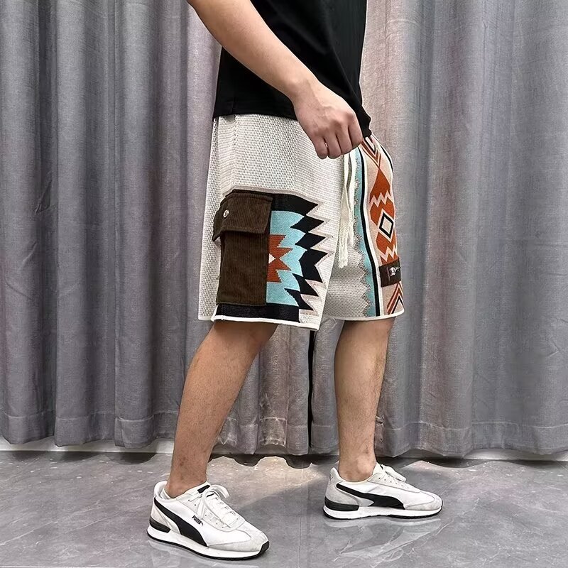 Hearujoy American Vintage Navajo Knit Shorts Summer Mens Ethnic Style Patchwork Pocket Short Trousers Summer Breathable Loose Shorts