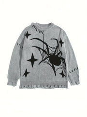 Hearujoy 1pc Unisex Street Style Knit Sweater, Spider and Stars Embroidery, Frayed Tassel Long Sleeve Crew Neck Pullover, Casual Loose Fit Sweater with Hand-Tied Design for Fall/Winter