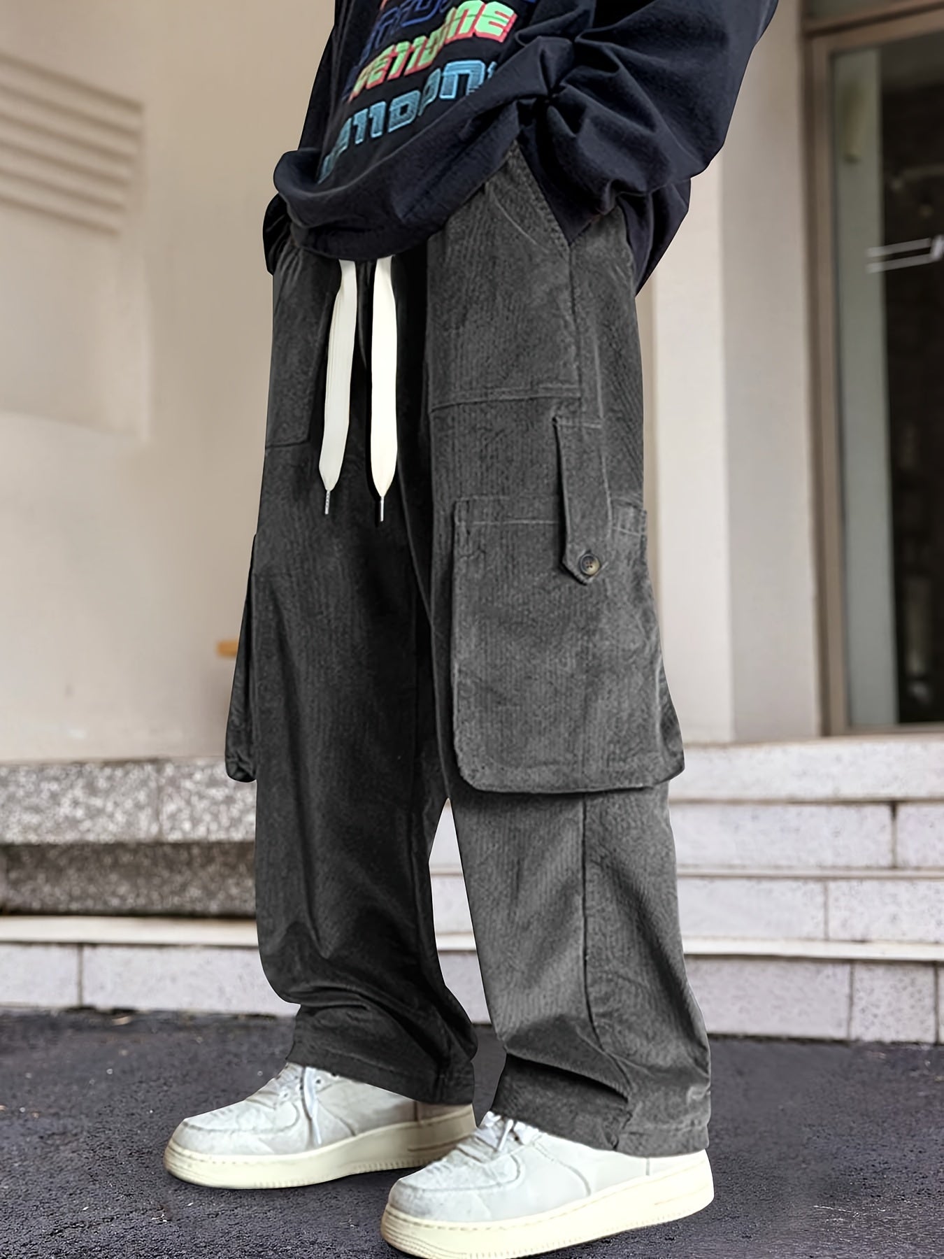 Hearujoy Men's Loose Solid Corduroy Pants With Multi Pockets, Casual Drawstring Trousers For Outdoor Activities Gift