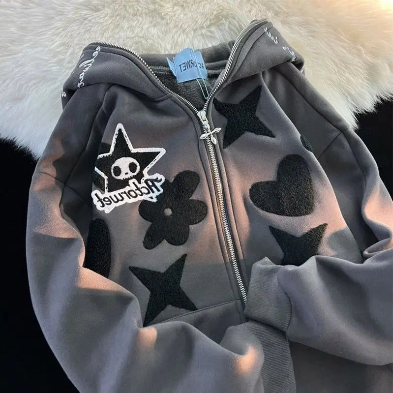 Hearujoy  90s Streetwear 2024 New Kawaii Zip Up Hoodie Women Y2K Oversized Harajuku Star Patchwork Sweatshirt Man Anime Hoodie Jacket Coat Streetwear