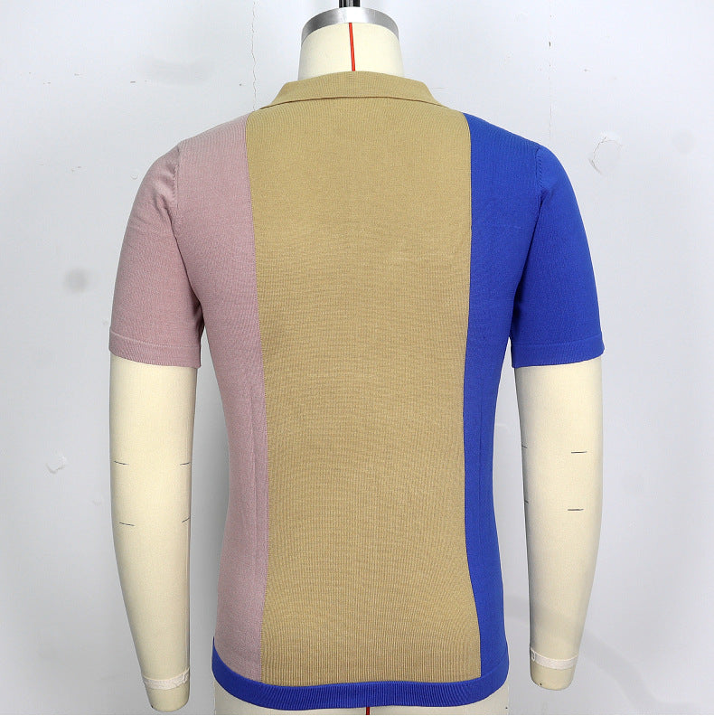 Hearujoy 2025 Summer New Mens contrast color Polo Shirts Knitwear Fashion Patchwork Knit Tops Short Sleeve Button Lapel Polo Tee Tshirt