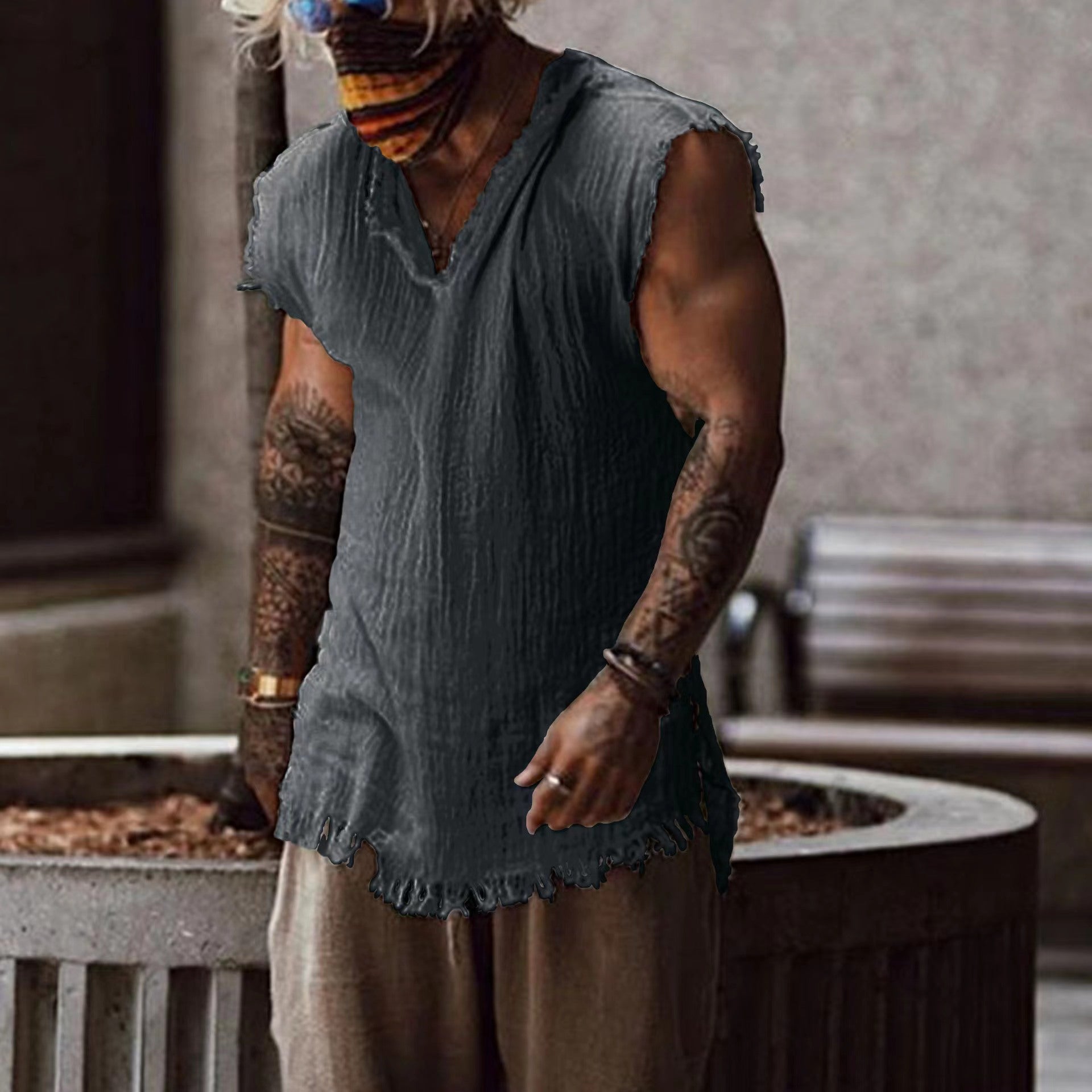 Hearujoy Vintage Tassels T-shirt Top Men Sleeveless V-Neck Loose Tank Blouse Summer Newest Male Fashion Waistcoat Tshirt Vest Streetwear