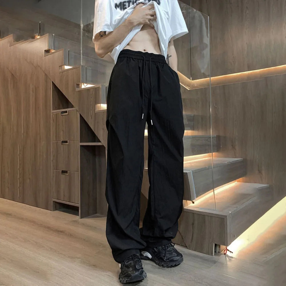 Hearujoy New Summer Casual Trousers Loose Straight Cool Ice Silk Quick-drying Trousers Versatile Drapey Parachute Trousers Couples