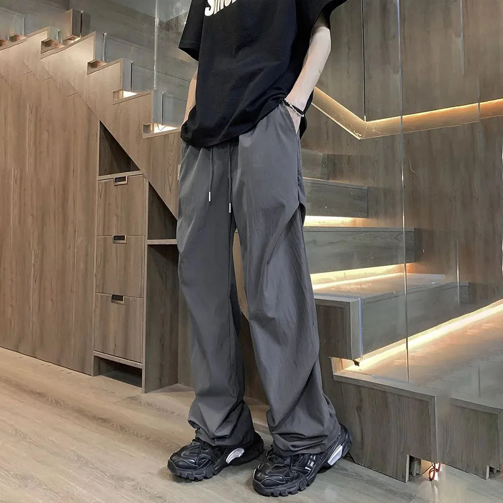 Hearujoy New Summer Casual Trousers Loose Straight Cool Ice Silk Quick-drying Trousers Versatile Drapey Parachute Trousers Couples