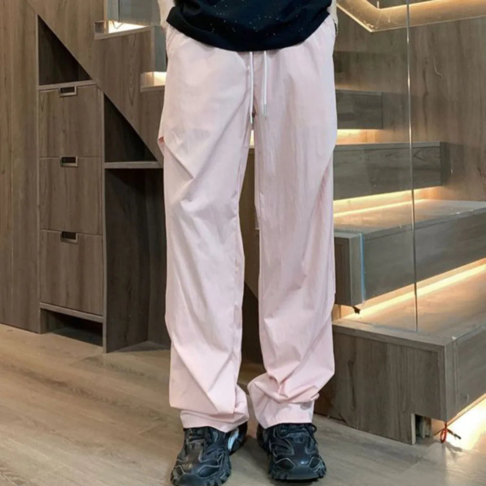 Hearujoy New Summer Casual Trousers Loose Straight Cool Ice Silk Quick-drying Trousers Versatile Drapey Parachute Trousers Couples