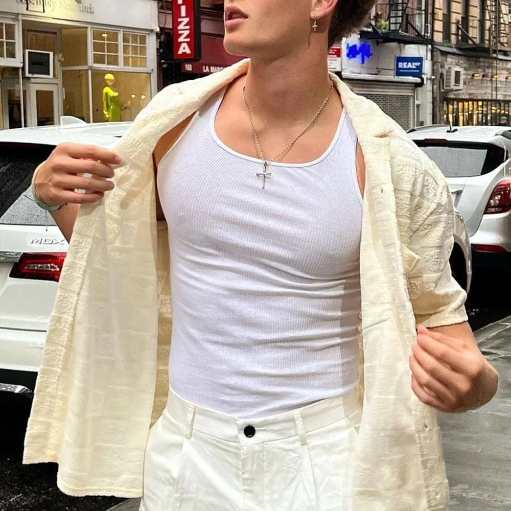 HEARUJOY  -  Mens Tight Elastic Knitted Vest Summer New Fashion Personality Sexy Simple Shaping American Solid Color Tank Top For Men