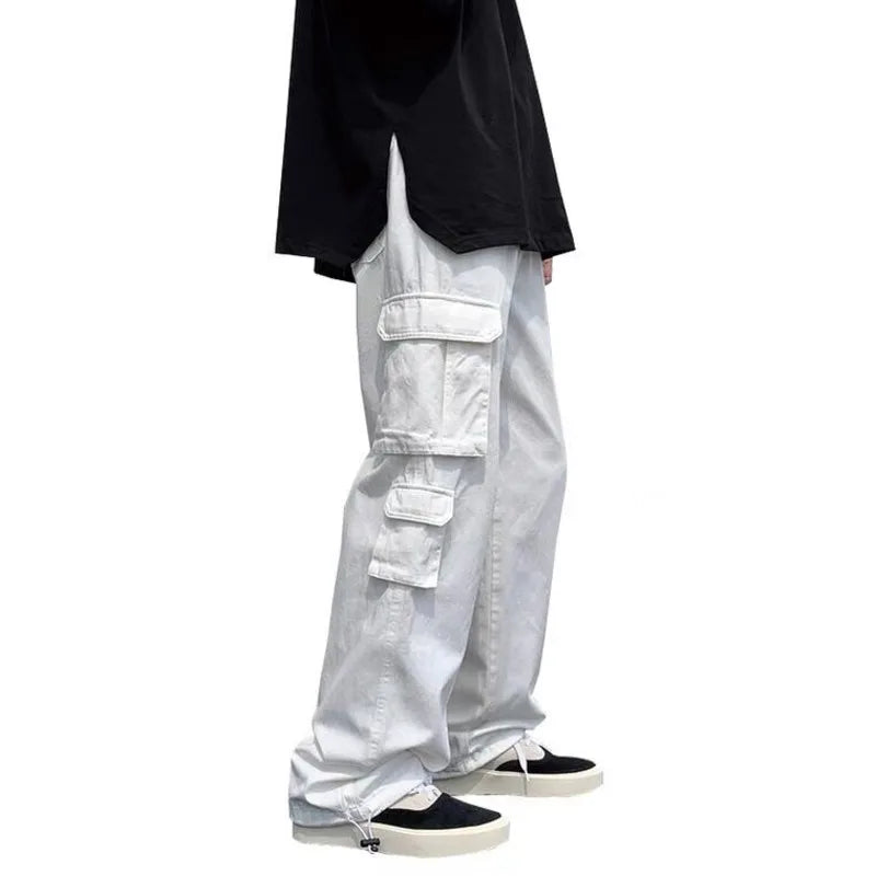 Hearujoy Black/white Cargo Pants Men Fashion Loose Straight Wide Leg Pants Men Streetwear Hip-hop Pocket Casual Pants Mens Trousers