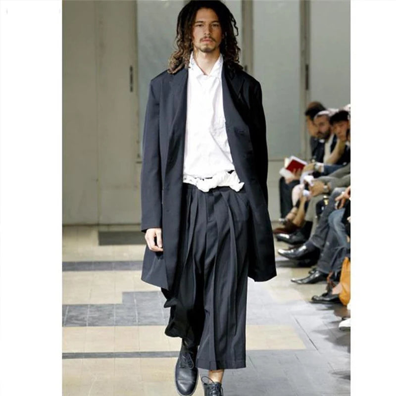 Hearujoy Men's spring/summer European and American culottes nine minutes wide leg trousers men's slacks black plus-size runway show