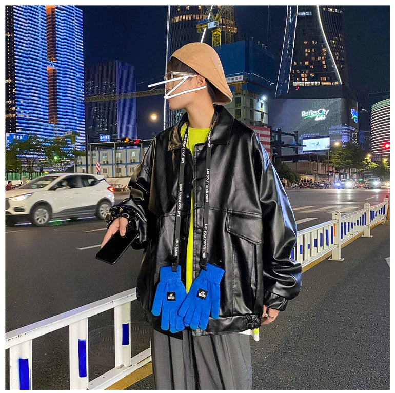 HEARUJOY  -  Spring Oversized Black Soft Waterproof Pu Leather Jacket Men Long Sleeve Casual Loose Korean Fashion Streetwear