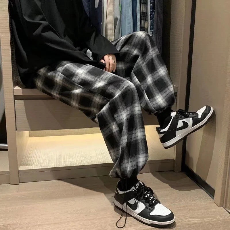 Hearujoy Plaid Pants Men Fashion Retro Color Contrast Casual Pants Men Streetwear Loose Hip-hop Straight Pants Mens Trousers M-3XL