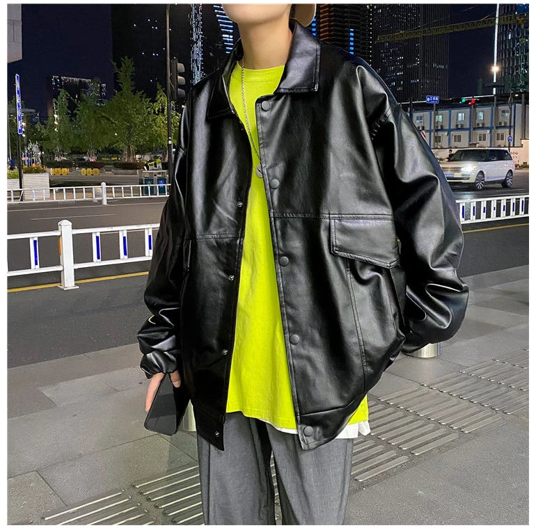 HEARUJOY  -  Spring Oversized Black Soft Waterproof Pu Leather Jacket Men Long Sleeve Casual Loose Korean Fashion Streetwear