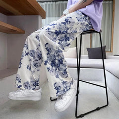 Hearujoy Spring Summer Flower Pants Men's Fashion Printed Casual Pants Men Streetwear Loose Hip-hop Straight Wide-leg Pants Mens Trousers