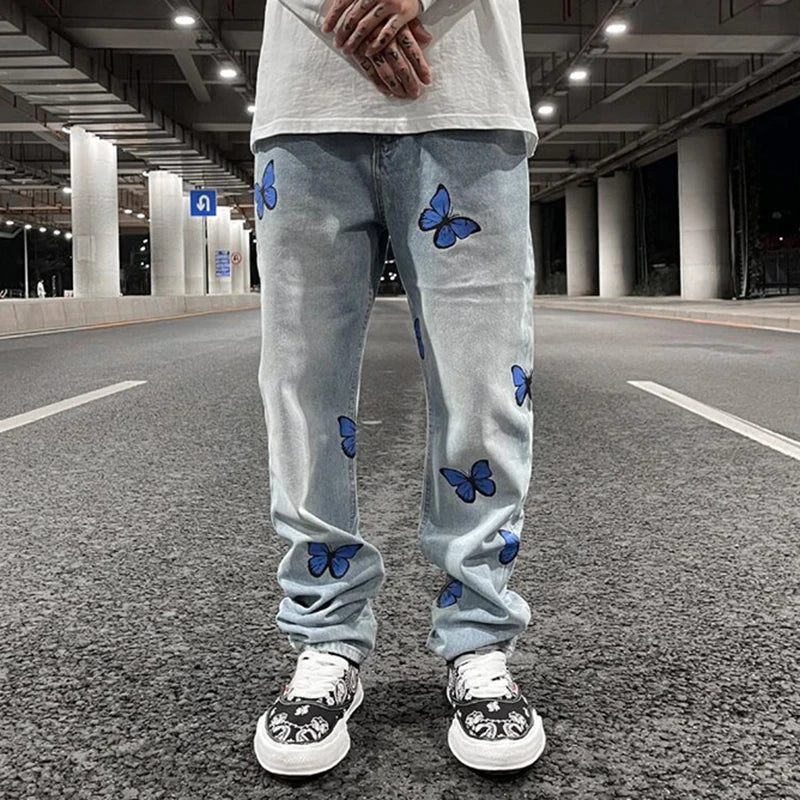 Hearujoy Harajuku Butterfly Print Washed Blue Jenas Pants for Mens Retro Straight Vibe Style Ripped Casual Denim Trousers Oversized