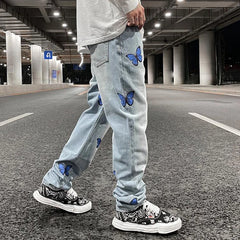 Hearujoy Harajuku Butterfly Print Washed Blue Jenas Pants for Mens Retro Straight Vibe Style Ripped Casual Denim Trousers Oversized