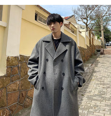 Hearujoy 2024 Men Coat Luxury Winter Korean Trench Mens Solid Double Breasted Woolen Cloth Coat Loose Casual Trenchcoat  Long Coat Men