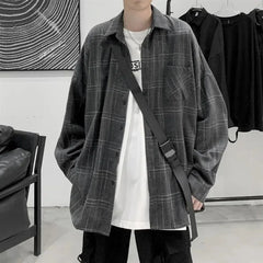 Hearujoy Japanese Fashion Spring Plaid Shirt Men Long Sleeve Handsome All-match Casual Loose Summer Oversized Vintage Harajuku Shirt