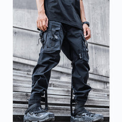 Hearujoy Tactical Functional Cargo Pants Joggers Men Black Ribbon Design Trousers Hip Hop Streetwear Multi-pocket Pants Techwear WB351