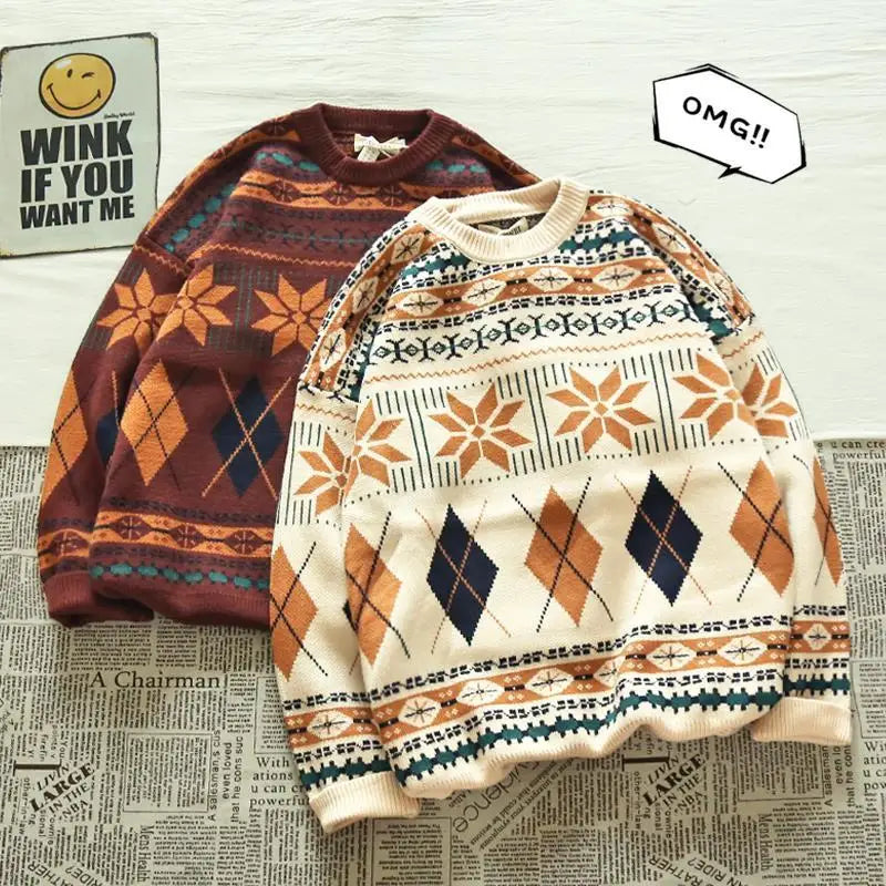 Hearujoy Pullovers Vintage Retro Christmas Sweater Couple  Men's Knitted Sweater Winter Warm Casual Korean Streetwear Harajuku