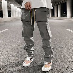 Hearujoy High Street Multi-pocket Casual Trousers for Men and Women Side Breasted Drawstring Cargo Pants Harajuku Solid Loose Pants