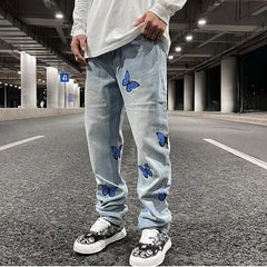 Hearujoy Harajuku Butterfly Print Washed Blue Jenas Pants for Mens Retro Straight Vibe Style Ripped Casual Denim Trousers Oversized