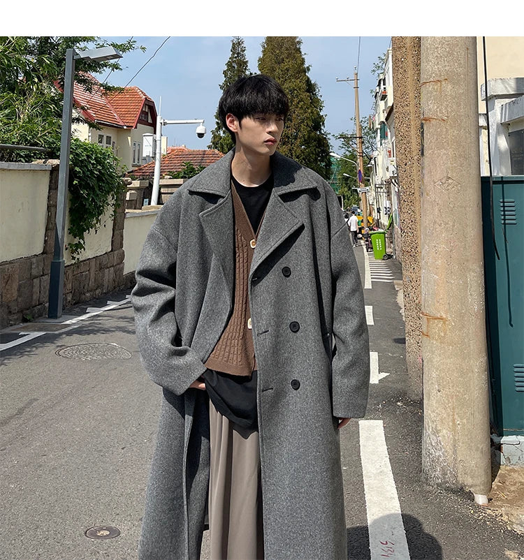 Hearujoy 2024 Men Coat Luxury Winter Korean Trench Mens Solid Double Breasted Woolen Cloth Coat Loose Casual Trenchcoat  Long Coat Men