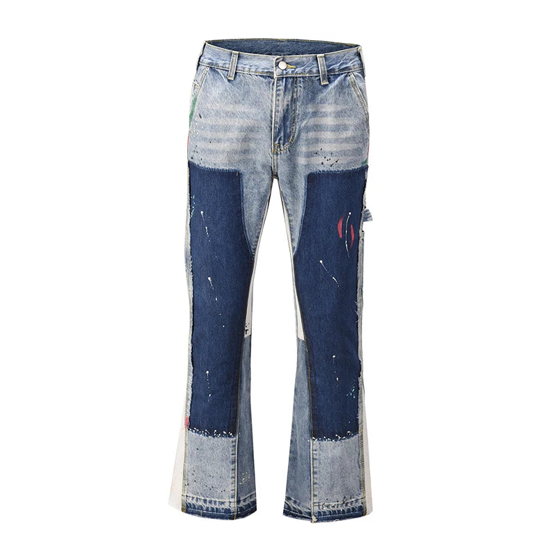 Hearujoy High Street Color Block Spliced Washed Jeans Mens Oversize Wide Leg Straight Denim Flare Pants Retro Loose Casual Trousers