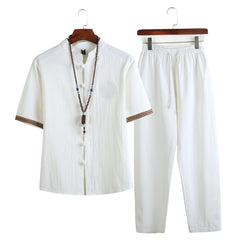 HEARUJOY  -  Mens Linen Sets Summer Men Streetwear Jogger Shirts+Long Pants Male Chinese Style 2 Pieces Hanfu Tracksuit Tang Suit 5Xl