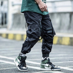 Hearujoy Cargo Pants Men Joggers Streetwear Ankle-length Pants Ribbons Elastic Waist Black Pant Hip Hop Male DG166