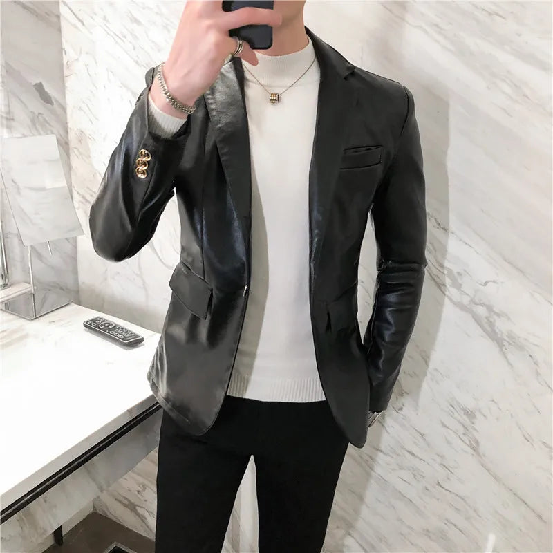 Hearujoy Blazer Hombre PU Leather Jackets Men Fashion Solid Slim Fit One Button Business Casual Blazers For Men Korean style Suit Jacket