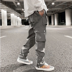 Hearujoy High Street Multi-pocket Casual Trousers for Men and Women Side Breasted Drawstring Cargo Pants Harajuku Solid Loose Pants