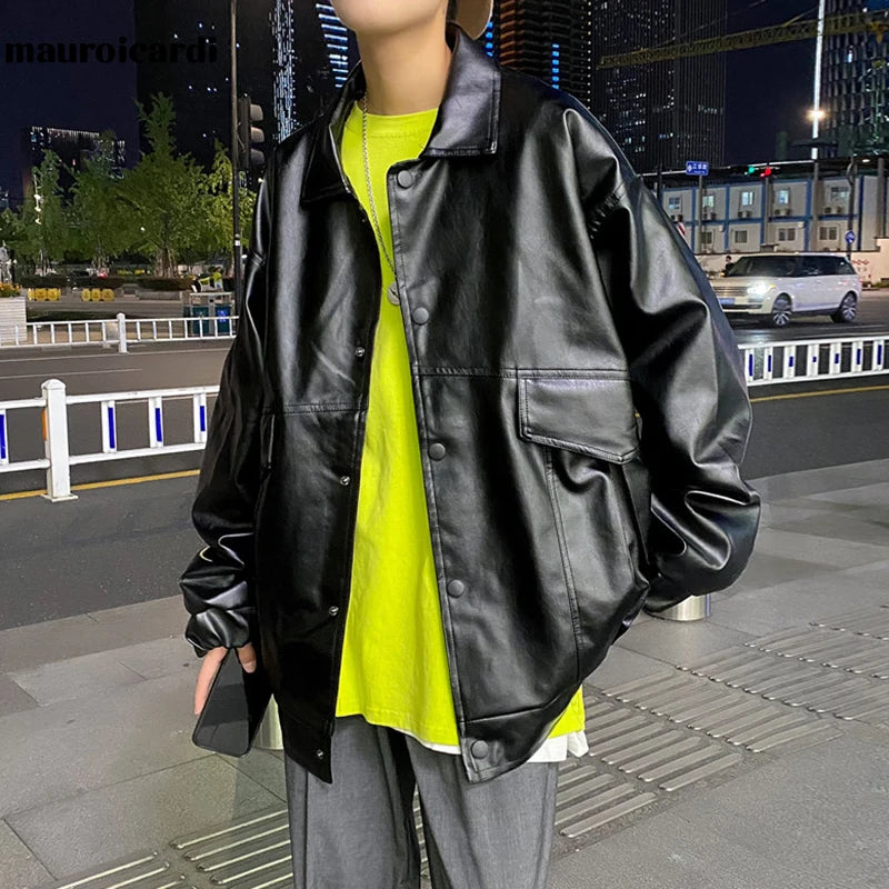 HEARUJOY  -  Spring Oversized Black Soft Waterproof Pu Leather Jacket Men Long Sleeve Casual Loose Korean Fashion Streetwear