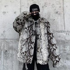 Hearujoy winter streetwear fashion hip-hop new snake print imitation fur plush warm cotton jacket male Korean long-sleeved Outerwear