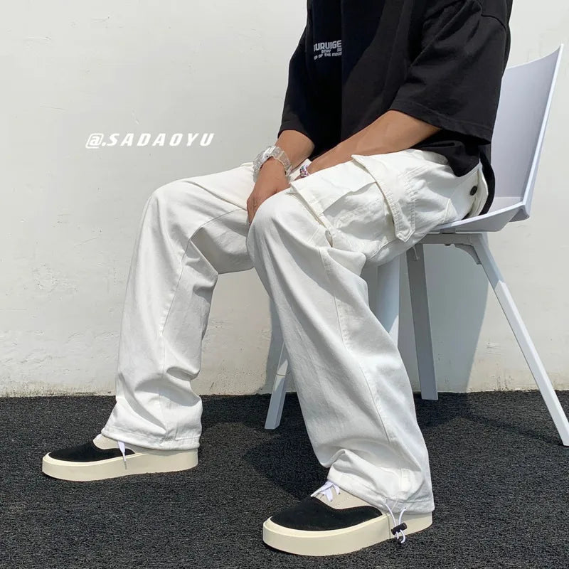 Hearujoy Black/white Cargo Pants Men Fashion Loose Straight Wide Leg Pants Men Streetwear Hip-hop Pocket Casual Pants Mens Trousers