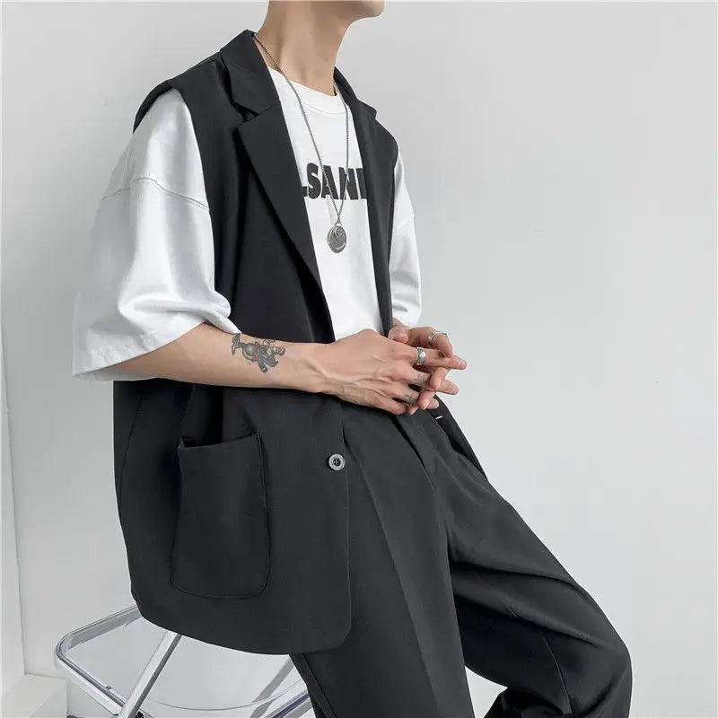 Hearujoy Spring Suit Vest Men's Fashion Gray Black Dress Jacket Men Suit Jacket Korean Loose Business Society Mens Blazer Vest M-2XL