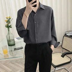 Hearujoy Korean Fashion Four Seasons Ice Silk Men Shirt High Quality Button Long Sleeve Casual Solid Color Loose Men's Dress Shirt