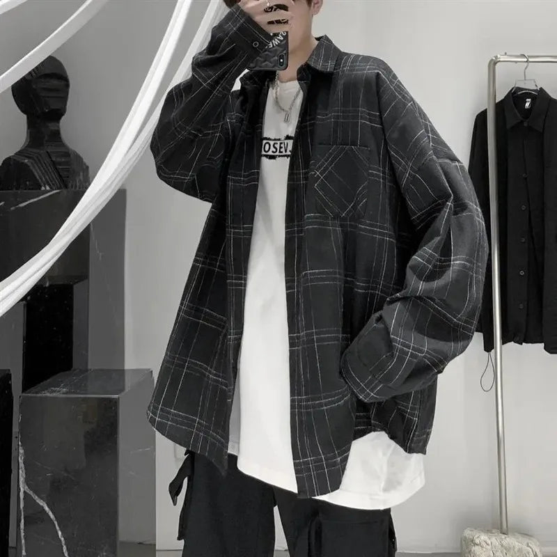 Hearujoy Japanese Fashion Spring Plaid Shirt Men Long Sleeve Handsome All-match Casual Loose Summer Oversized Vintage Harajuku Shirt