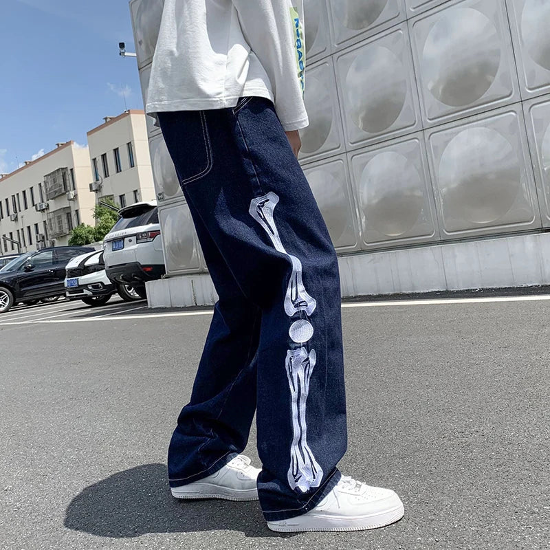 Hearujoy Skeleton Embroidery Straight Jean Pants Couples Mopping Trousers Mens Streetwear Denim Pants Men's Clothing Jeans for Men Baggy