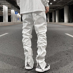 Hearujoy Harajuku Back Zipper Hole Ripped White Jeans Pants Mens Straight Washed Retro Oversized Streetwear Casual Denim Trousers