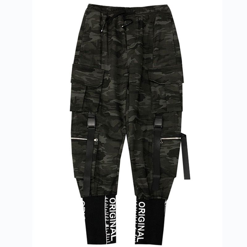 Hearujoy Camouflage Tactical Functional Cargo Pants Joggers Men Ribbons Multi-pocket Trousers Hip Hop Streetwear Harem Pant Black WB236