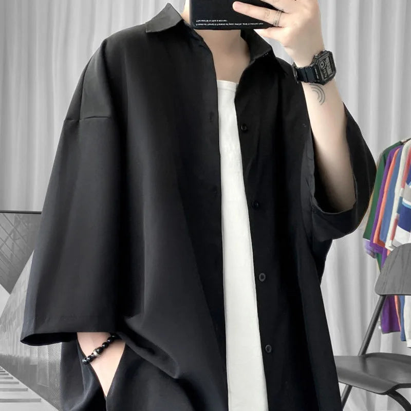 Hearujoy Korean Oversize Shirt Men's Fashion Summer Black White Short-sleeved Shirt Men Streetwear Loose Society Mens Dress Shirt M-2XL